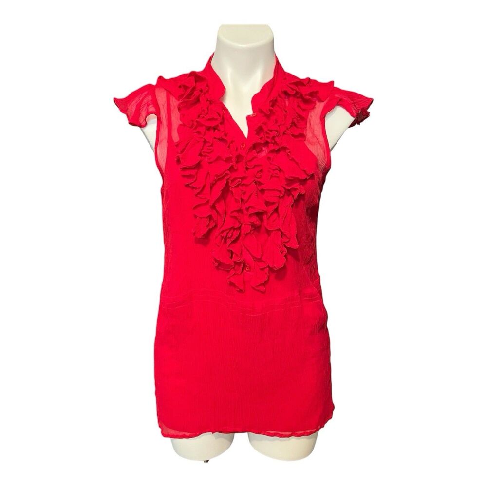 Red Ruffle Sleeveless Blouse 100% Silk